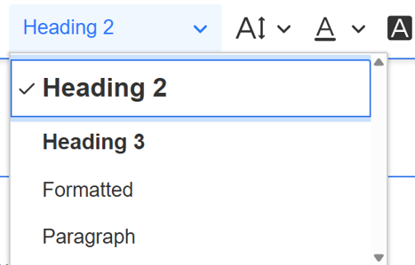 Tekstin tyylit: Heading 2, Heading 3, Formatted, Paragraph