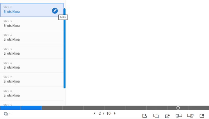 Kuvakaappaus sisällysluettelosta, jossa voi muokata diojen otsikoita.